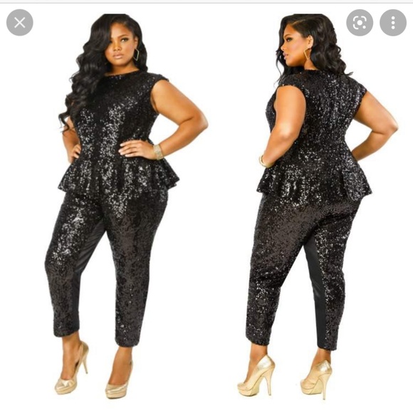 Monif C. Pants - Monif C Sequin Peplum Jumpsuit - 2x